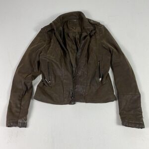 J2 Jacket Womens Medium Brown Faux Leather Moto Biker Full Zip Pockets Collared